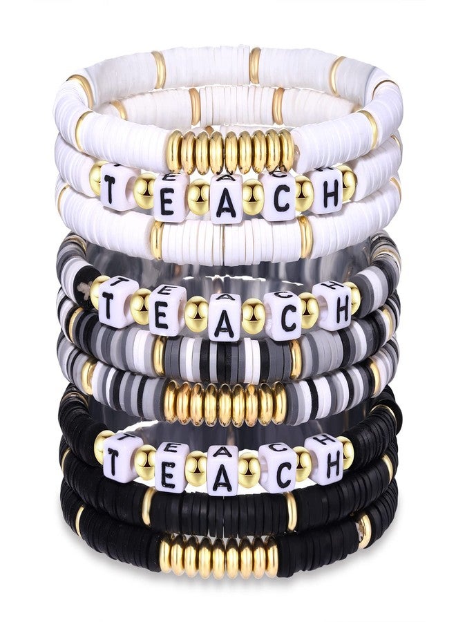NLCAC 9 Pack Preppy Teacher Bracelets Stackable Rainbow Heishi Teach Beaded Stretch Surfer Bracelet Teacher Appreciation Gifts Back to School Jewelry - Image 1
