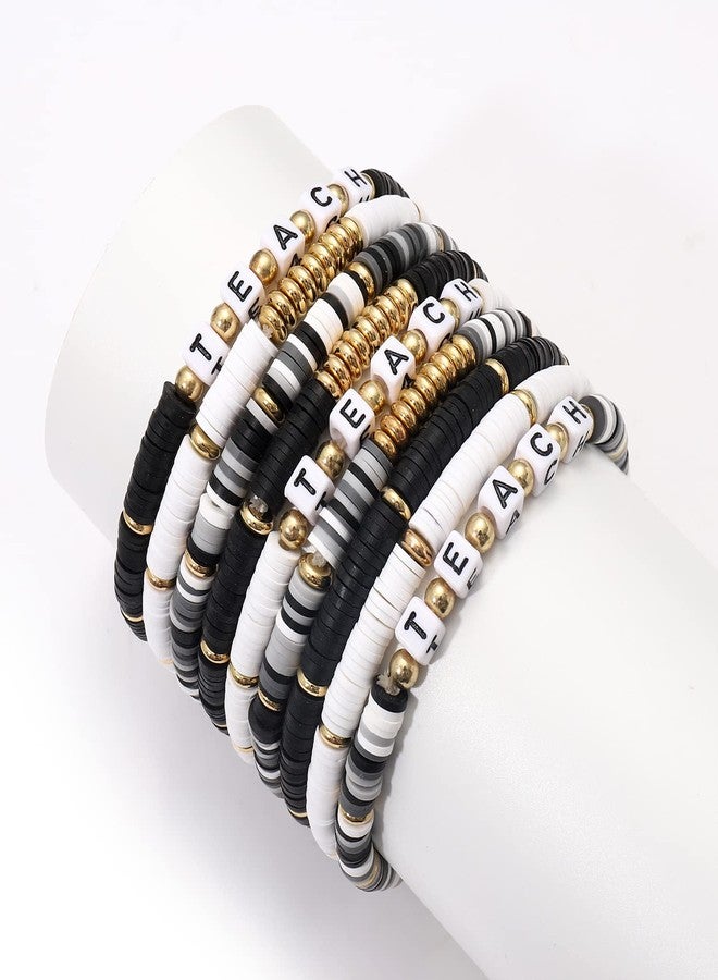 NLCAC 9 Pack Preppy Teacher Bracelets Stackable Rainbow Heishi Teach Beaded Stretch Surfer Bracelet Teacher Appreciation Gifts Back to School Jewelry - Image 4