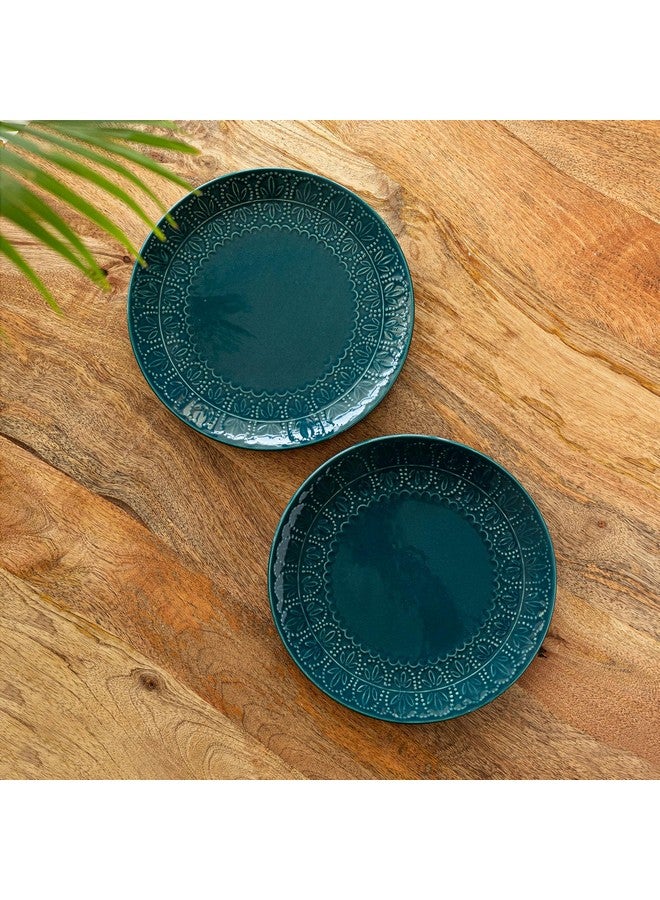 ExclusiveLane 'Teal Forest' Hand Glazed Ceramic Plates for Dinner Set of 2 (Dishwasher & Microwave Safe Plates) | Hand-Etched Dinner Plates Set Serving Plates for Snacks Plates Ceramic Serveware - Image 1