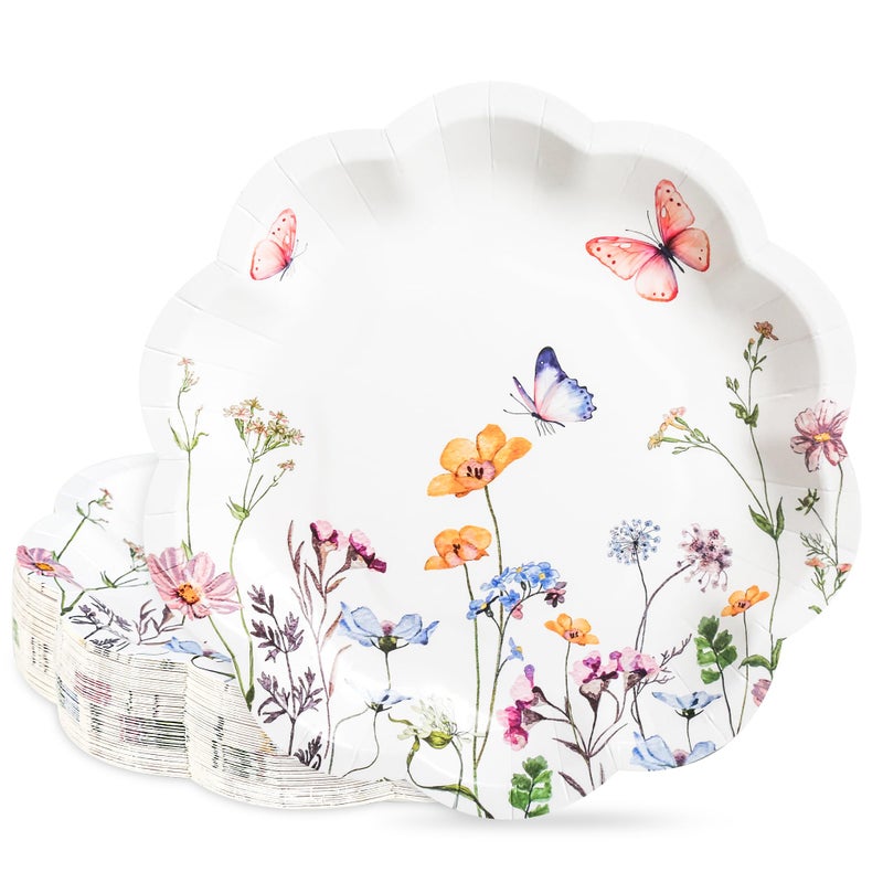 AimFun 48Pcs Wildflower Dessert Paper Plates Floral Disposable Party Plates Spring Summer Flowers and Butterfly 7" Scalloped Plate for Baby Bridal Shower Garden Tea Party Supplies - Image 1