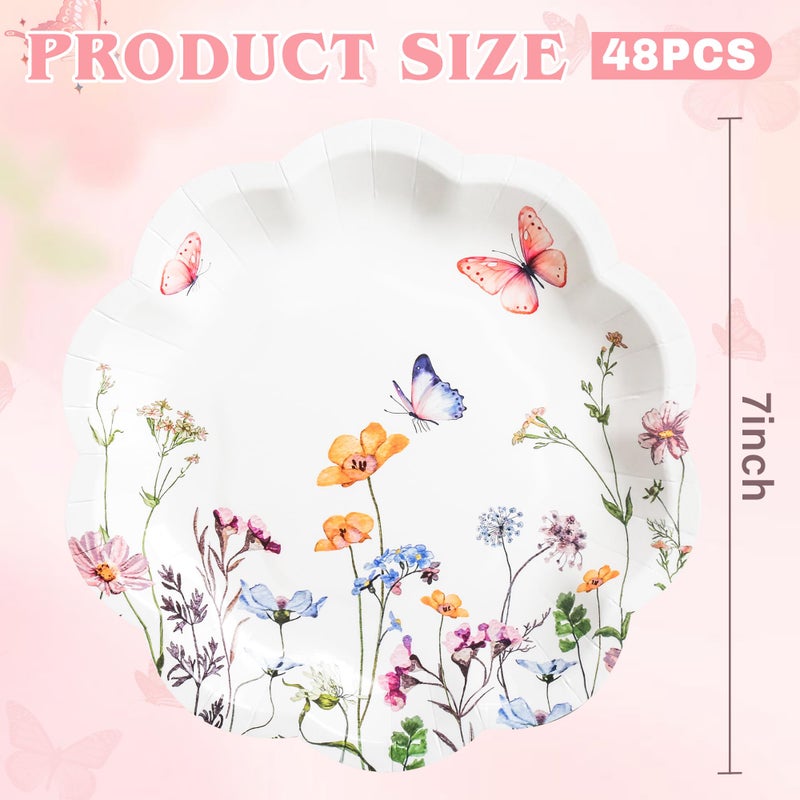 AimFun 48Pcs Wildflower Dessert Paper Plates Floral Disposable Party Plates Spring Summer Flowers and Butterfly 7" Scalloped Plate for Baby Bridal Shower Garden Tea Party Supplies - Image 2