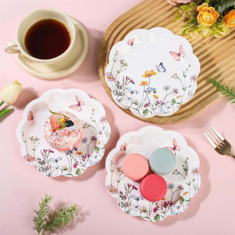 AimFun 48Pcs Wildflower Dessert Paper Plates Floral Disposable Party Plates Spring Summer Flowers and Butterfly 7" Scalloped Plate for Baby Bridal Shower Garden Tea Party Supplies - Image 4