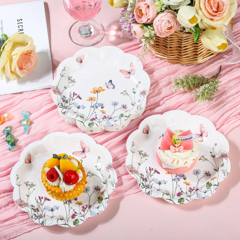 AimFun 48Pcs Wildflower Dessert Paper Plates Floral Disposable Party Plates Spring Summer Flowers and Butterfly 7" Scalloped Plate for Baby Bridal Shower Garden Tea Party Supplies - Image 3