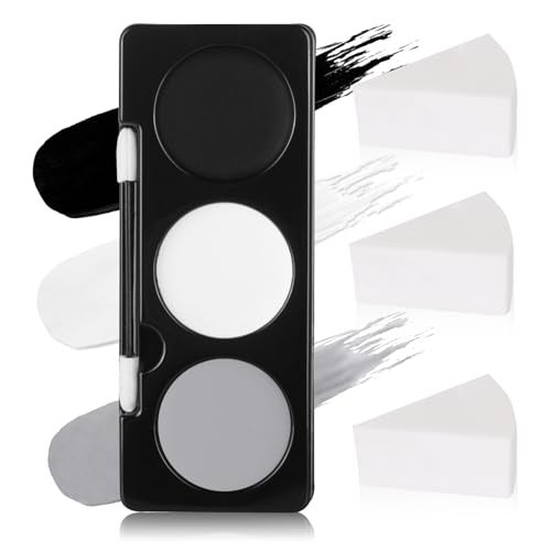 Paminify Black White Light Grey Face Paint 3PCS Sponge Brush3 Colors Gray Body Paint Palette for Zombie Skeleton Vampire CosplaySkull Black White Halloween SFX Makeup Kit21g - Image 1