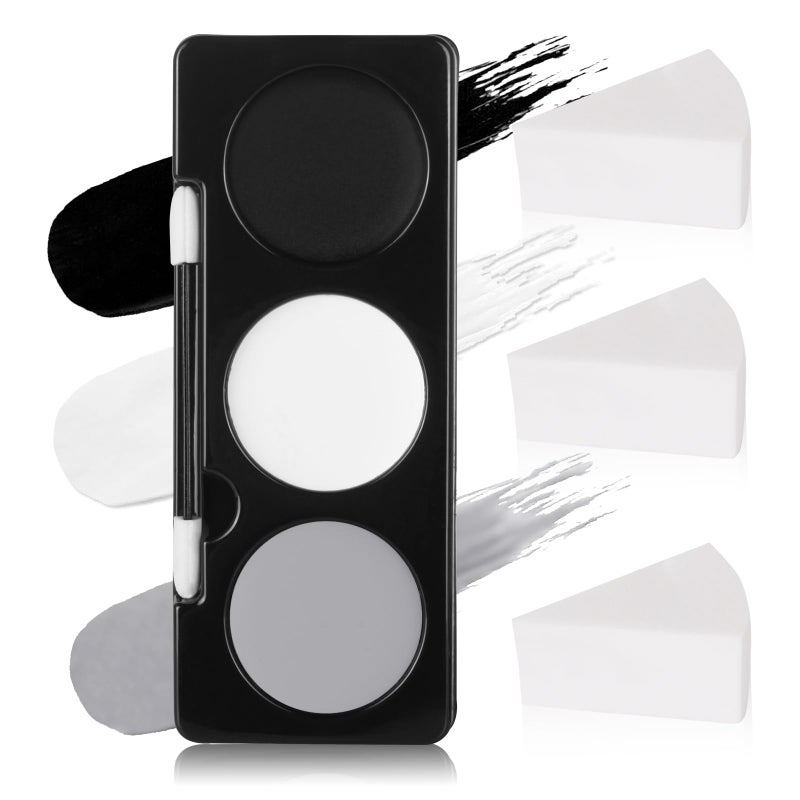 Paminify Black White Light Grey Face Paint 3PCS Sponge Brush3 Colors Gray Body Paint Palette for Zombie Skeleton Vampire CosplaySkull Black White Halloween SFX Makeup Kit21g - Image 3