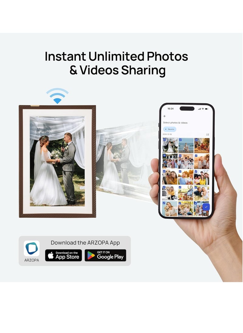 ARZOPA - ARZOPA WiFi Digital Picture Frame 10.1" HD IPS Touch Screen Smart Photo Frame Electronic Free Arzopa App Custom Picture Frame for Gifting Easy Share Unlimited Photos Videos from Anywhere D10 Brown - Image 1