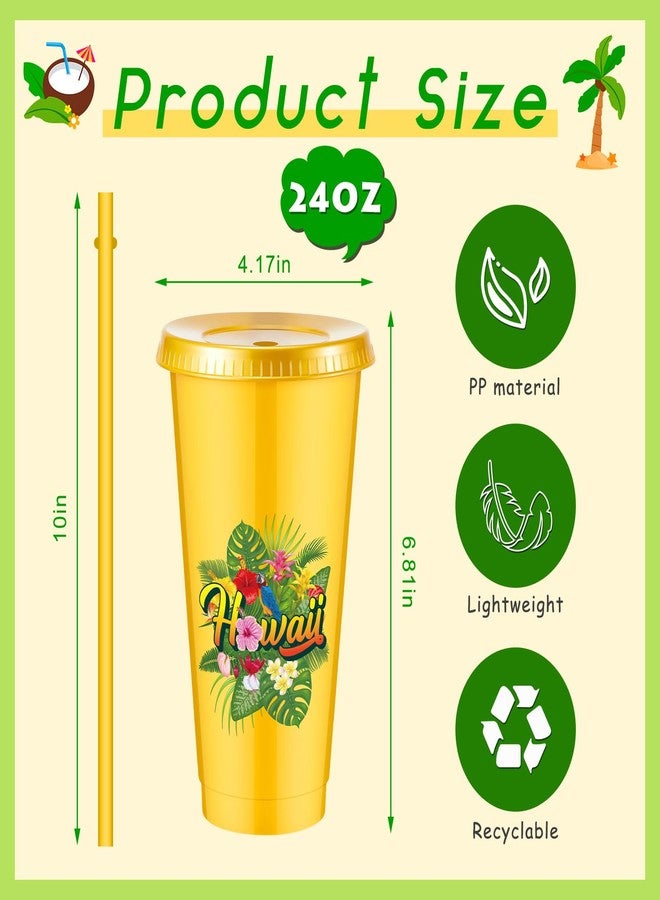 Uiifan 24 Pcs Hawaiian Cups Plastic Tumbler with Lid and Straw 24oz Reusable Tropical Hawaiian Cups for Hawaiian Luau Party Summer Beach Birthday Tiki Supplies - Image 2