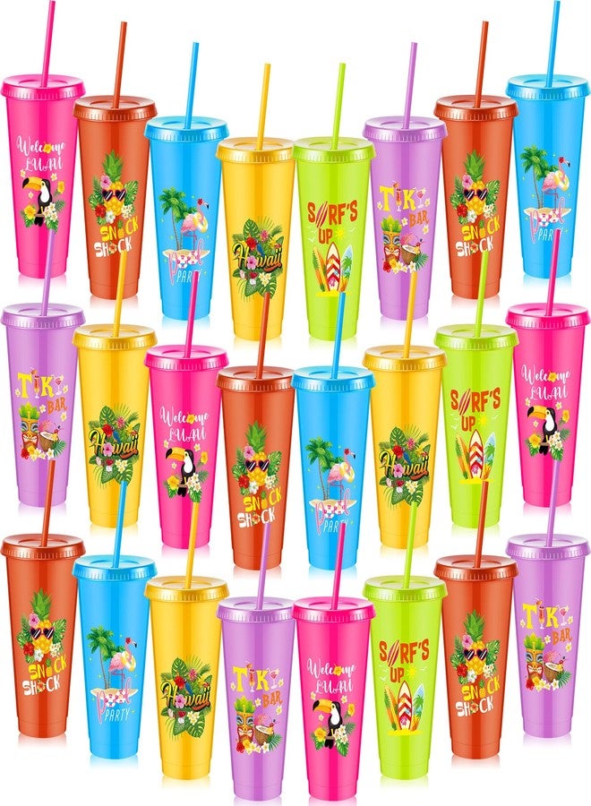 Uiifan 24 Pcs Hawaiian Cups Plastic Tumbler with Lid and Straw 24oz Reusable Tropical Hawaiian Cups for Hawaiian Luau Party Summer Beach Birthday Tiki Supplies - Image 1
