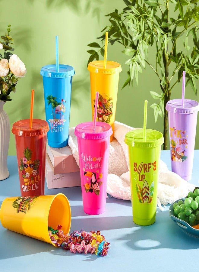 Uiifan 24 Pcs Hawaiian Cups Plastic Tumbler with Lid and Straw 24oz Reusable Tropical Hawaiian Cups for Hawaiian Luau Party Summer Beach Birthday Tiki Supplies - Image 4