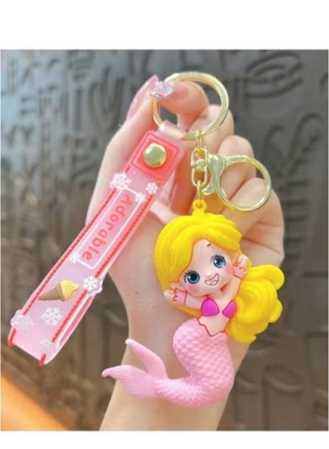 Pink Mermaid Princess Keychain (Cute 3D Character Design with "Good Job" Wrist Strap)