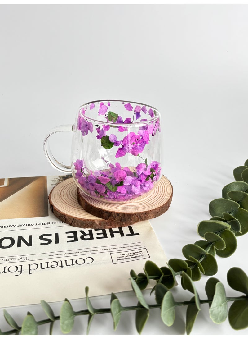 YOLOLAND Double Walled Insulated Clear Glass Cup 250ml with Purple and Green Petals for Tea Coffee Matcha Juice Everyday Use Home and Office - Image 4