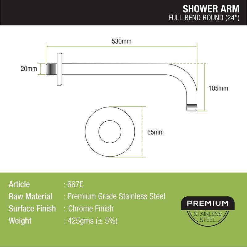 Lipka Stainless Steel Shower Arm Full Bend Round 24 Inches - Image 2