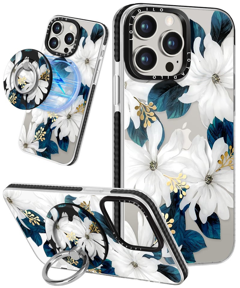 Lotadilo for iPhone 15 Pro Case for Women - Girls Kawaii Design Compatible with Magsafe Magnetic Ring Holder Stand Blue Flower Phone Covers Aesthetic Girly TPU Funda for 15 Pro - Image 1