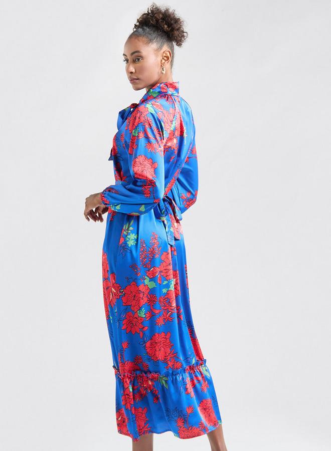 سبلاش فيڤ فستان قميص بأكمام طويلة وطبعات زهرية وحواف صوف - Image 3