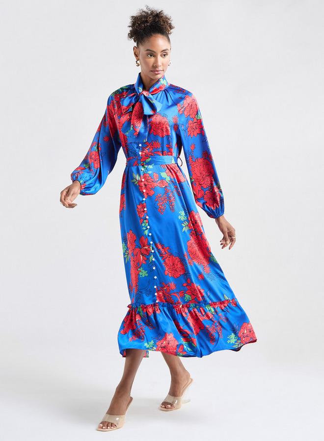 سبلاش فيڤ فستان قميص بأكمام طويلة وطبعات زهرية وحواف صوف - Image 2