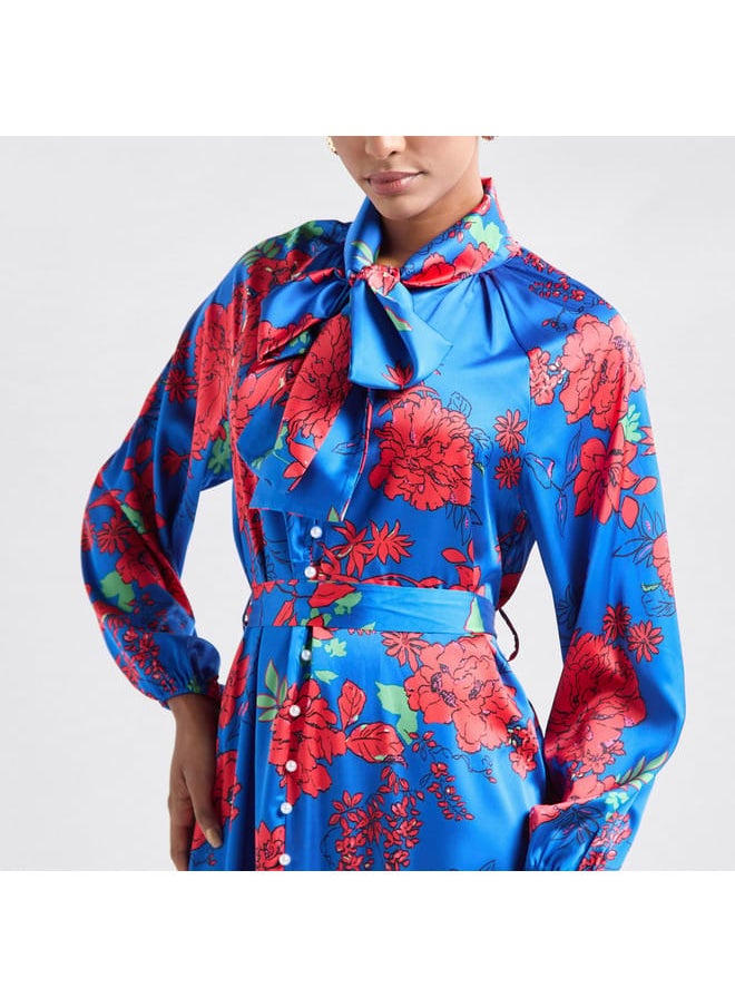 FAV - Floral Print Shirt Dress with Long Sleeves and Flounce Hem - Image 1