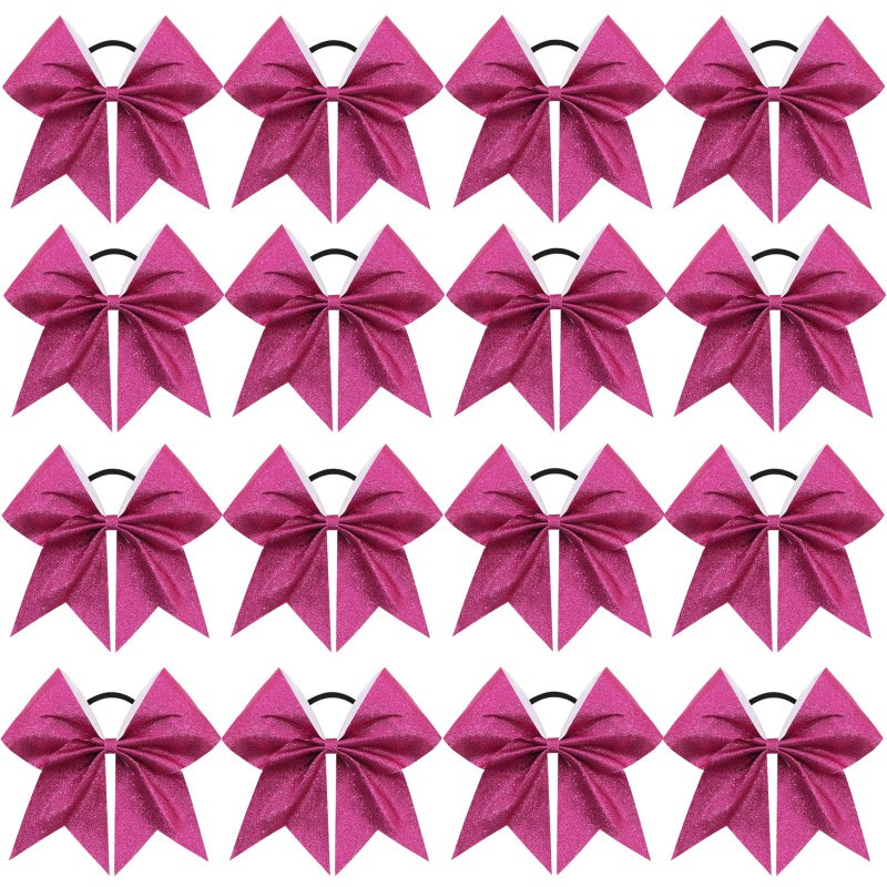CN 16PCS 8 Large Glitter Cheer Bows for Cheerleaders CN Sparkly Hair Bows with Elastic Hair Ties Accessories for Teens Girls Women Cheerleading Softball Competition Sports Hot Pink