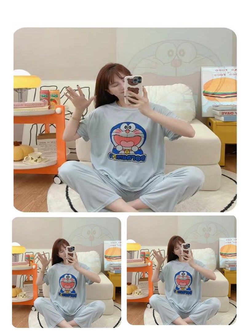 BAIG Short Sleeve Trousers 2 Pieces set Women's Nightwear Pajama & Shirt Cute Female  Summer Anime Nylon Cartoon Wear Outside Tracksuit Set