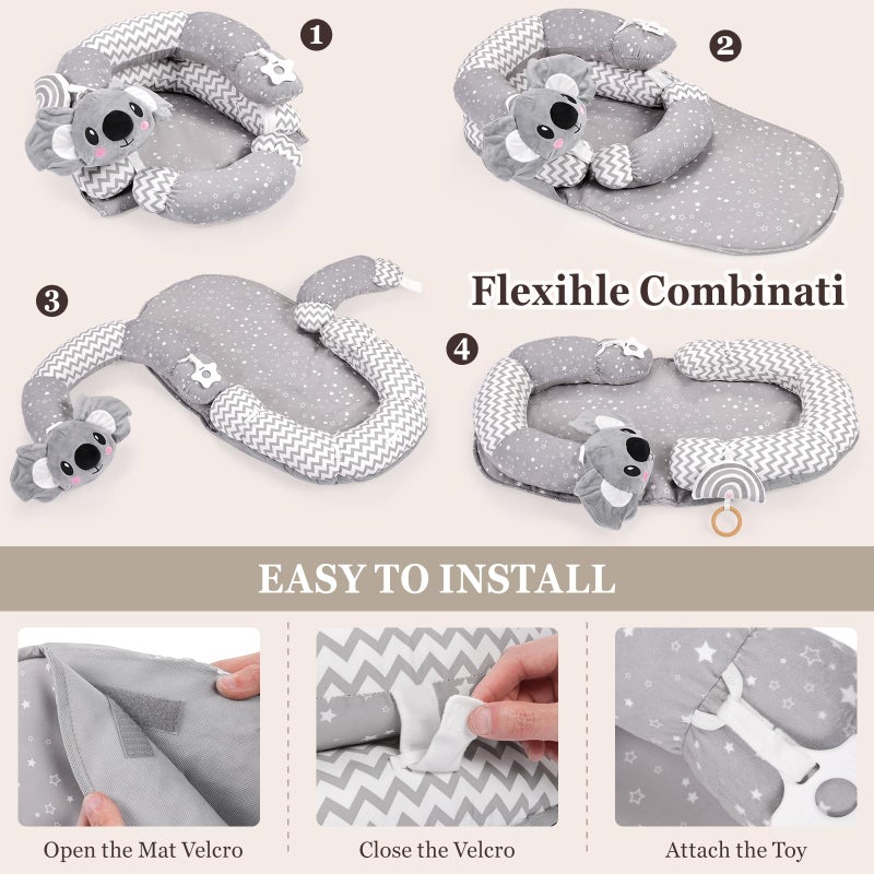 Foryoomi 4 in 1 Tummy Time Mat & Seated Support Pillows, Play Mat, Sitting Support for Newborn 0-12 Months, Infant Baby Sit Me Up Floor Seat, Sensory Development Gifts Tummy Time Play Toys, Koala - Image 5