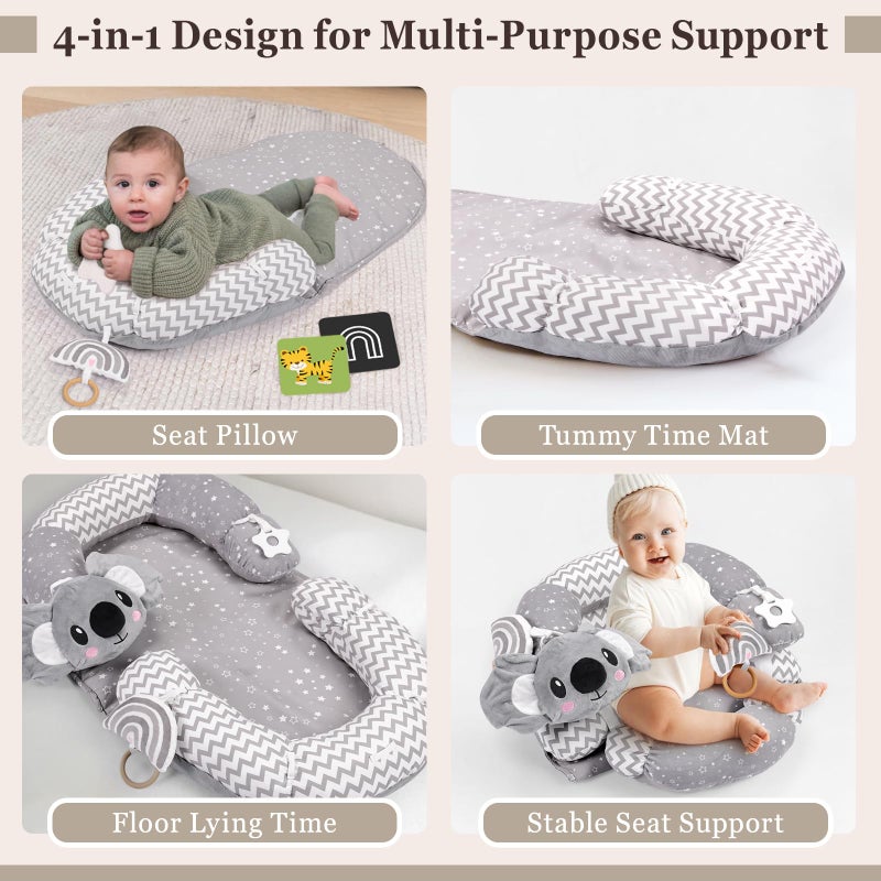Foryoomi 4 in 1 Tummy Time Mat & Seated Support Pillows, Play Mat, Sitting Support for Newborn 0-12 Months, Infant Baby Sit Me Up Floor Seat, Sensory Development Gifts Tummy Time Play Toys, Koala - Image 3