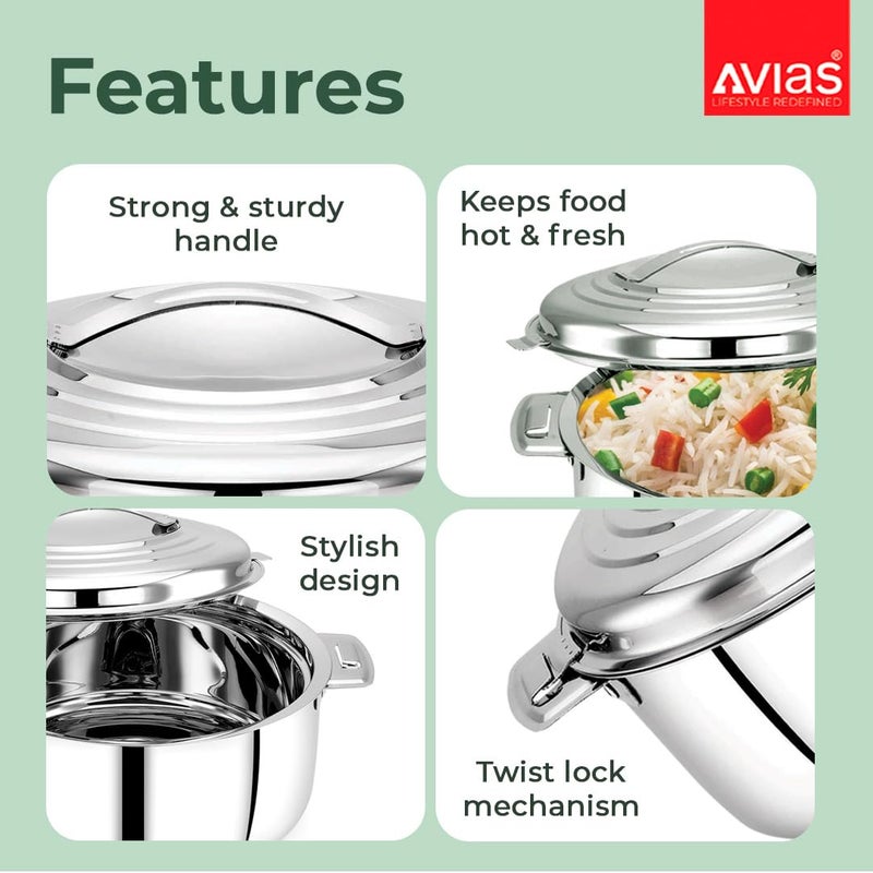 AVIAS Platina Premium 2500 ML Double Wall Insulated Stainless Steel Casserole Hot Pot for RotiRiceGravyCurry Silver Hot Box with Steel Lid Retains Temperature Twist Lock - Image 2