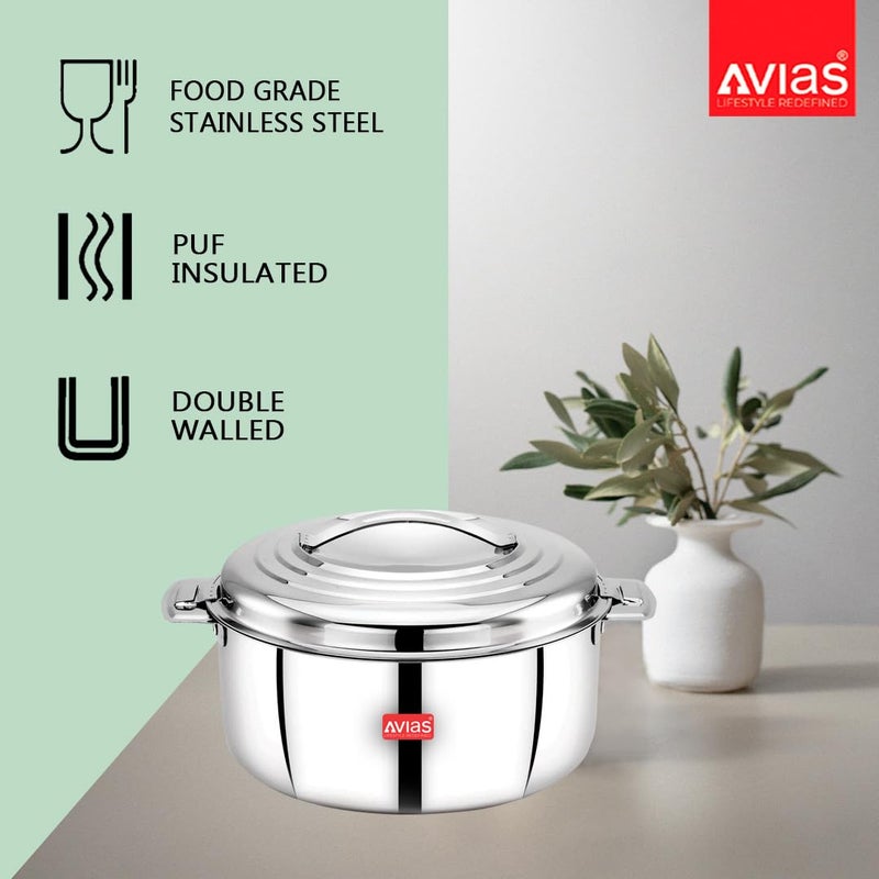 AVIAS Platina Premium 2500 ML Double Wall Insulated Stainless Steel Casserole Hot Pot for RotiRiceGravyCurry Silver Hot Box with Steel Lid Retains Temperature Twist Lock - Image 3