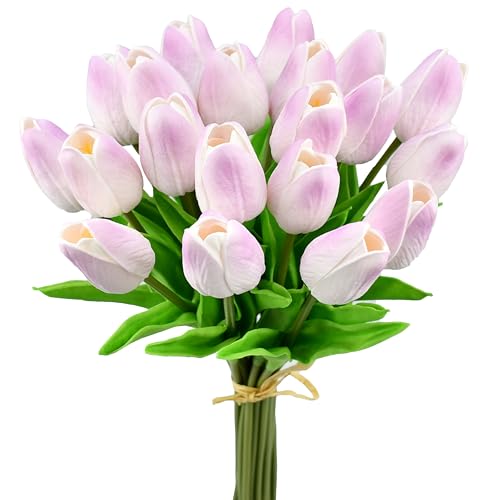 Mandy's Artificial Tulips 20 Stems Light Purple PU Faux Flowers for Wedding Home Decor 13.5 Inch - Image 1