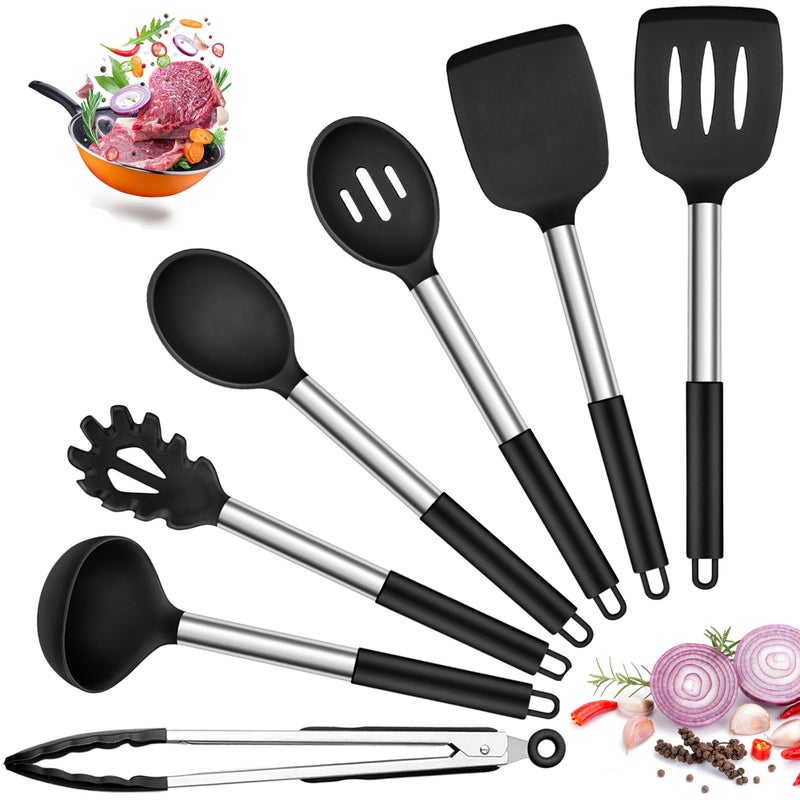 Joyfair Kitchen Utensils Set 7 Pcs Silicone Cooking Utensils with Stainless Steel Handle Non Scratch Cooking Tools Spatula Tongs Spoon for Non Stick Cookware Heat Resistant  Dishwasher Safe Black