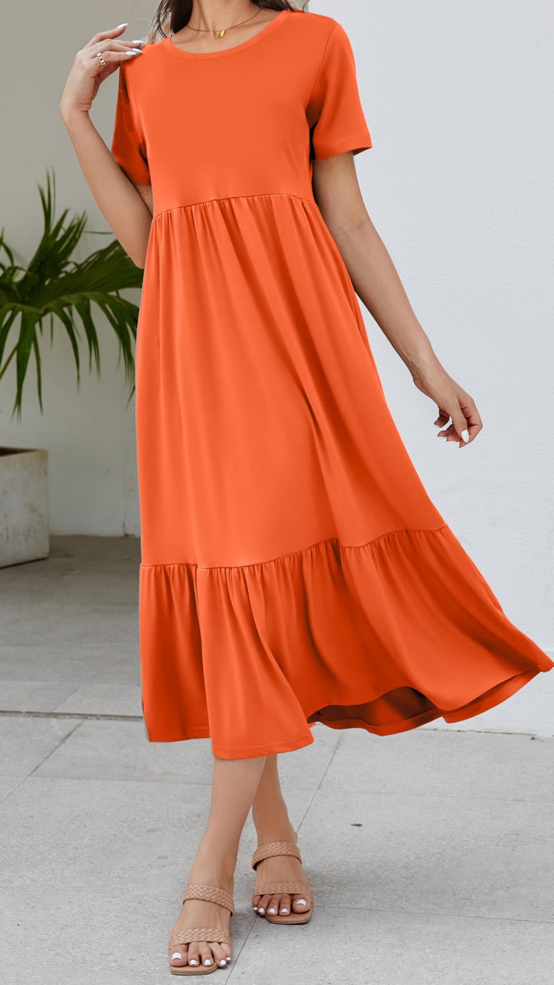 Jeqeocafy Summer Dresses for Women Flowy Maxi Sundress Short Sleeve Tiered Beach Dress with Pockets 2026 Vacation Travel Orange - Image 5