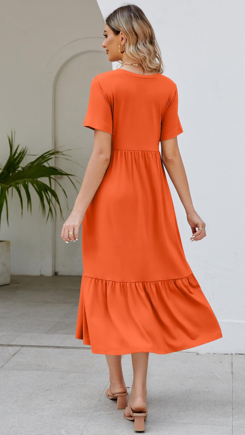 Jeqeocafy Summer Dresses for Women Flowy Maxi Sundress Short Sleeve Tiered Beach Dress with Pockets 2026 Vacation Travel Orange - Image 4