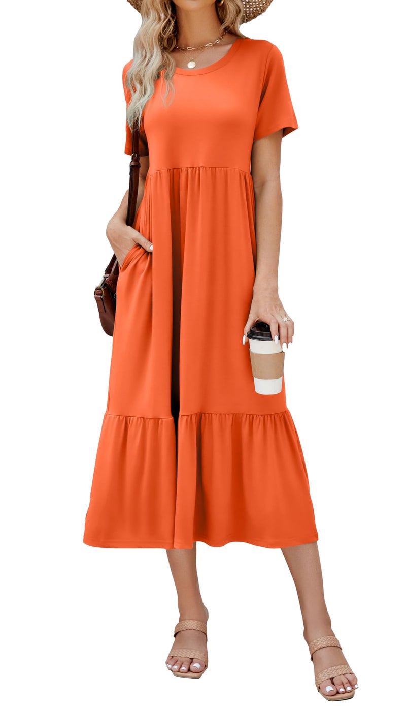 Jeqeocafy Summer Dresses for Women Flowy Maxi Sundress Short Sleeve Tiered Beach Dress with Pockets 2026 Vacation Travel Orange - Image 1