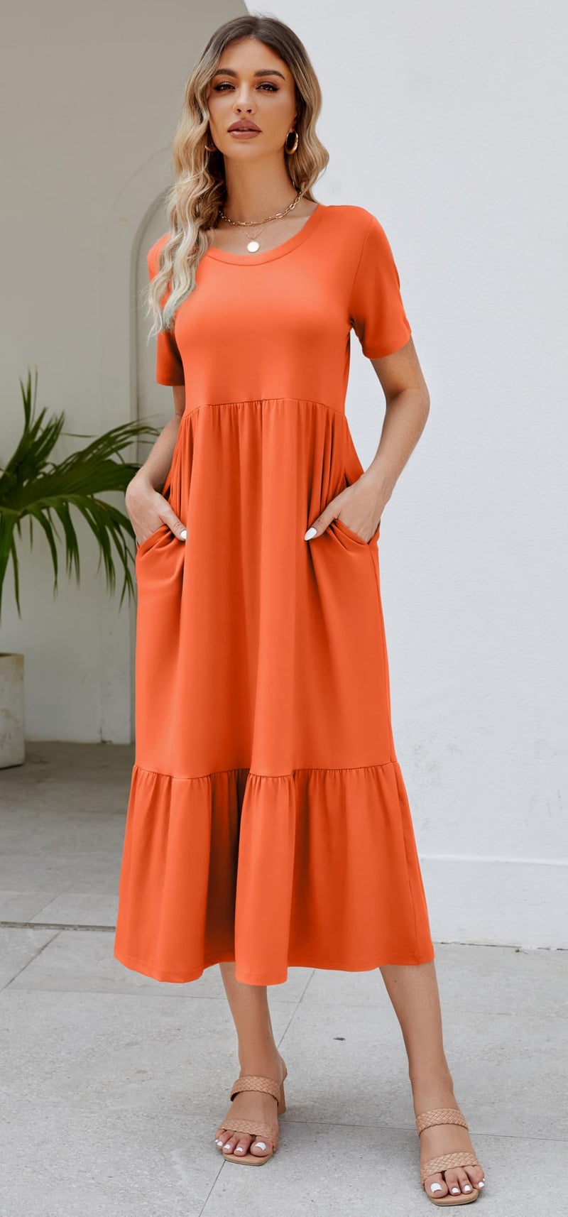 Jeqeocafy Summer Dresses for Women Flowy Maxi Sundress Short Sleeve Tiered Beach Dress with Pockets 2026 Vacation Travel Orange - Image 2