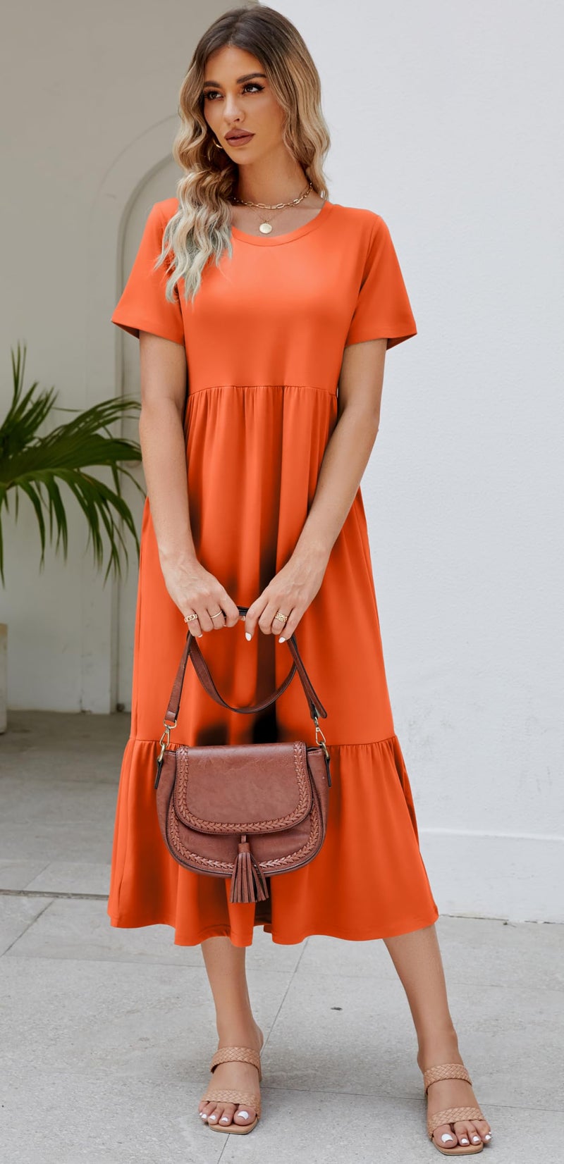 Jeqeocafy Summer Dresses for Women Flowy Maxi Sundress Short Sleeve Tiered Beach Dress with Pockets 2026 Vacation Travel Orange - Image 3