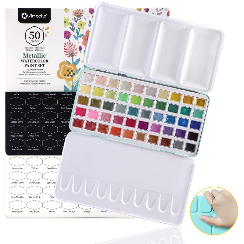 Artecho Metallic Watercolor Paints, 50 Glitter Watercolor Paint Set, Water Colors Paint Adult Set with Bottom Ring for Easy Holding, Ideal for Amateur Hobbyists, Painting Lovers and Artists - Image 1