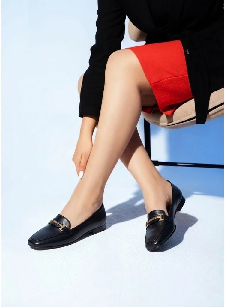 لايف ستيلاش  باليرينا جلدية مسطحة انيقه مع إكسسوارات BN-517 - أسود - Image 1