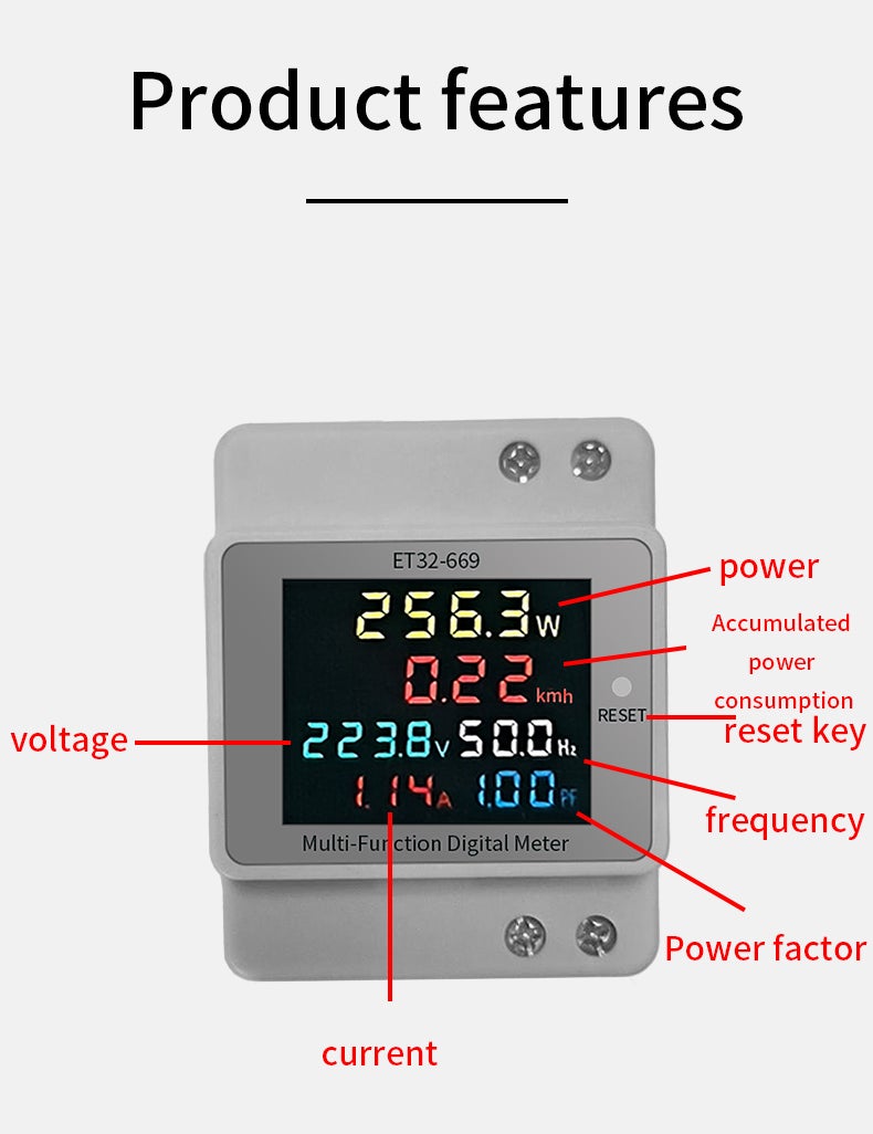 Electricity Meter Single Phase Household Meters 40-300V Voltage Current Power Frequency Factor Meter Meters Full Colour LCD Screen DIN-Rail Type - Image 3