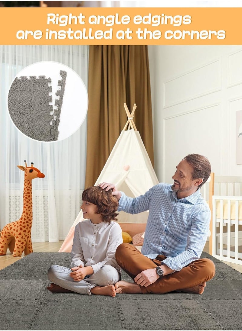 VUCATIN 12PCS Plush Foam Floor Mat for Baby Kids Thickened Interlocking Play Mat Carpet Tiles with Padding for Toddler Baby Square Soft Fluffy Tiles for Home Playroom Decoration 12" x 12" (Grey)  - Image 3