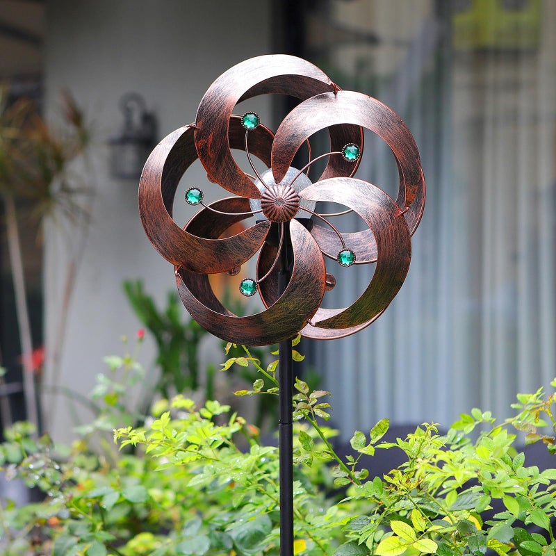 HDNICEZM Solar Wind Spinner Improved 360 Degrees Swivel MultiColor LED Lighting Glass Ball with Kinetic Wind Spinner Vertical Metal Sculpture Stake Construction for Outdoor Yard Lawn  Garden