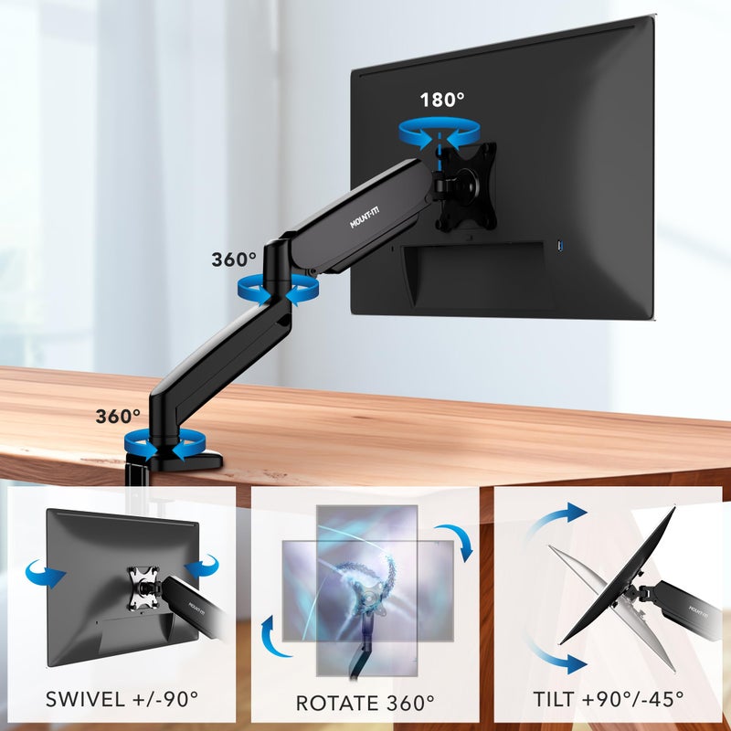 Mount-It! Monitor Arm â€“ Single Monitor Desk Mount, Articulating Gas Spring Arm, Fully Adjustable 13"-32" Screens, VESA 75x75 100x100, Clamp & Grommet Base, Holds 17.6 lbs - Image 4