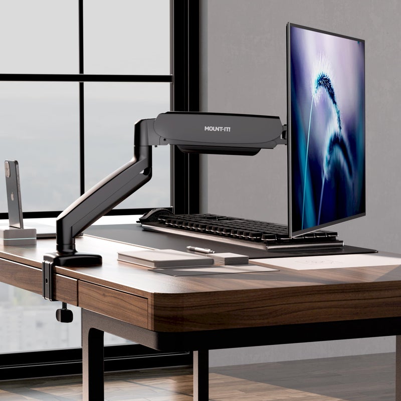 Mount-It! Monitor Arm â€“ Single Monitor Desk Mount, Articulating Gas Spring Arm, Fully Adjustable 13"-32" Screens, VESA 75x75 100x100, Clamp & Grommet Base, Holds 17.6 lbs - Image 2
