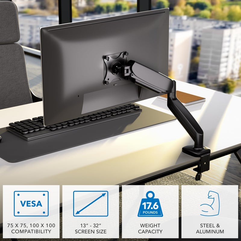 Mount-It! Monitor Arm â€“ Single Monitor Desk Mount, Articulating Gas Spring Arm, Fully Adjustable 13"-32" Screens, VESA 75x75 100x100, Clamp & Grommet Base, Holds 17.6 lbs - Image 3