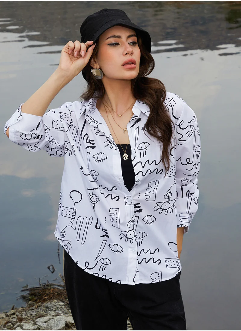 Campus Sutra Women's Daisy White Doodle Oversized Shirt