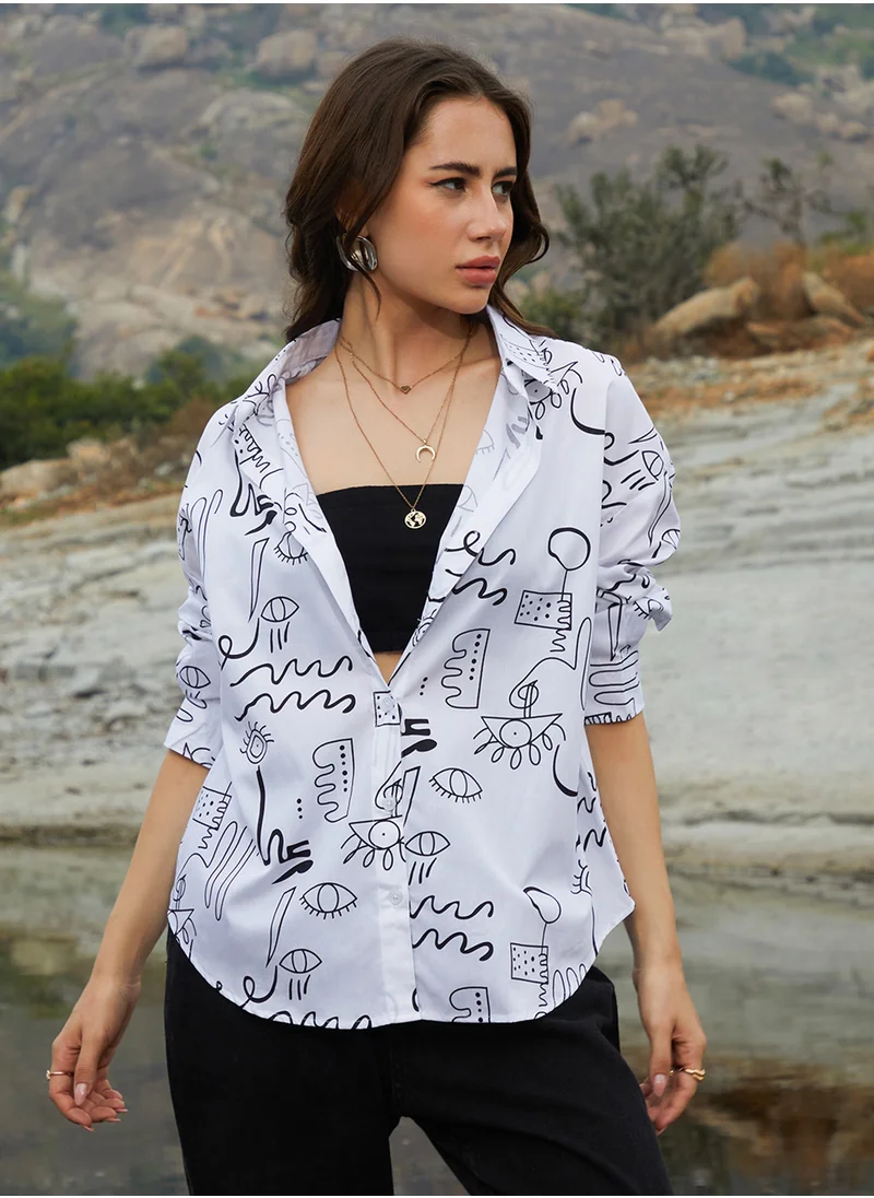 Campus Sutra Women's Daisy White Doodle Oversized Shirt