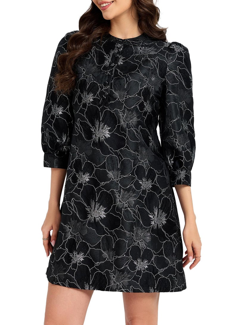 Ladyful Women's Floral Jacquard Shift Dress 2026 Long Puff Sleeve Button Up Elegant Cocktail Party Mini Dress - Image 1