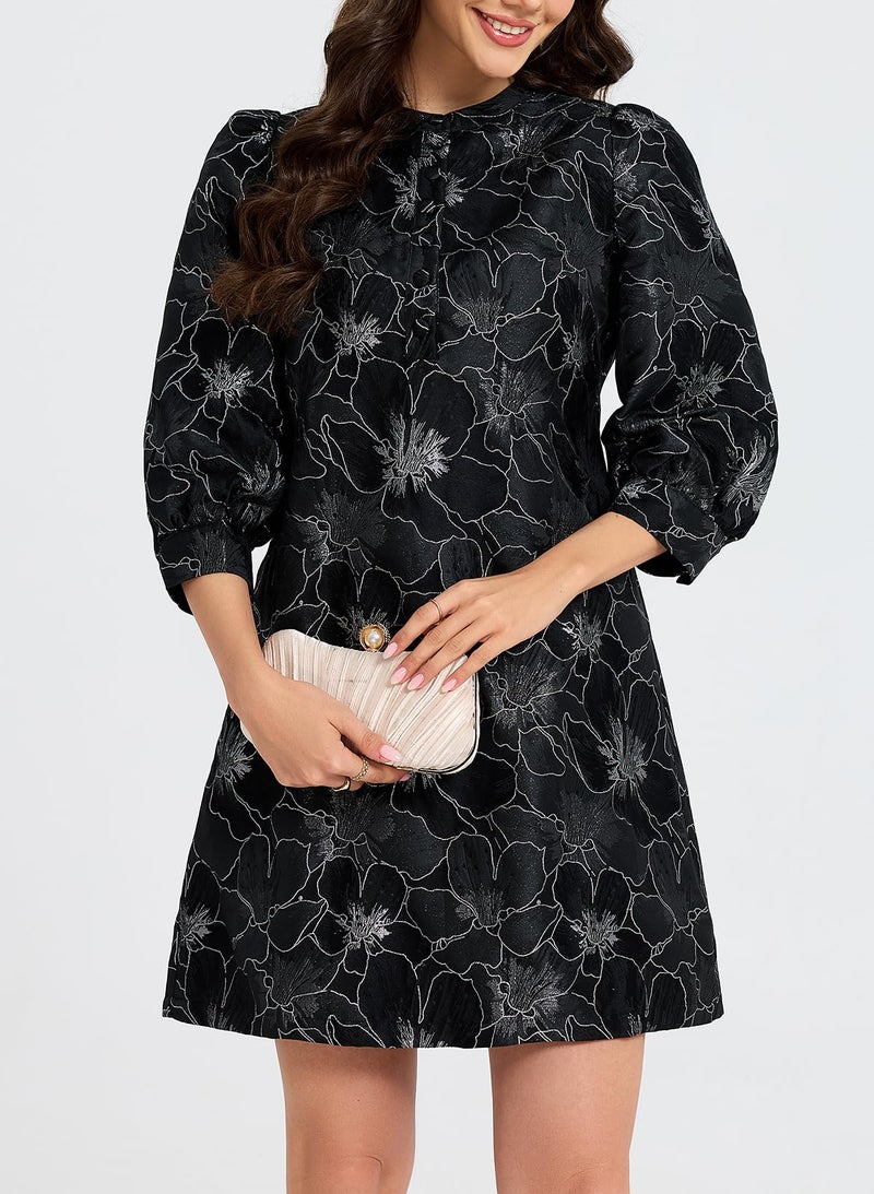 Ladyful Women's Floral Jacquard Shift Dress 2026 Long Puff Sleeve Button Up Elegant Cocktail Party Mini Dress - Image 2