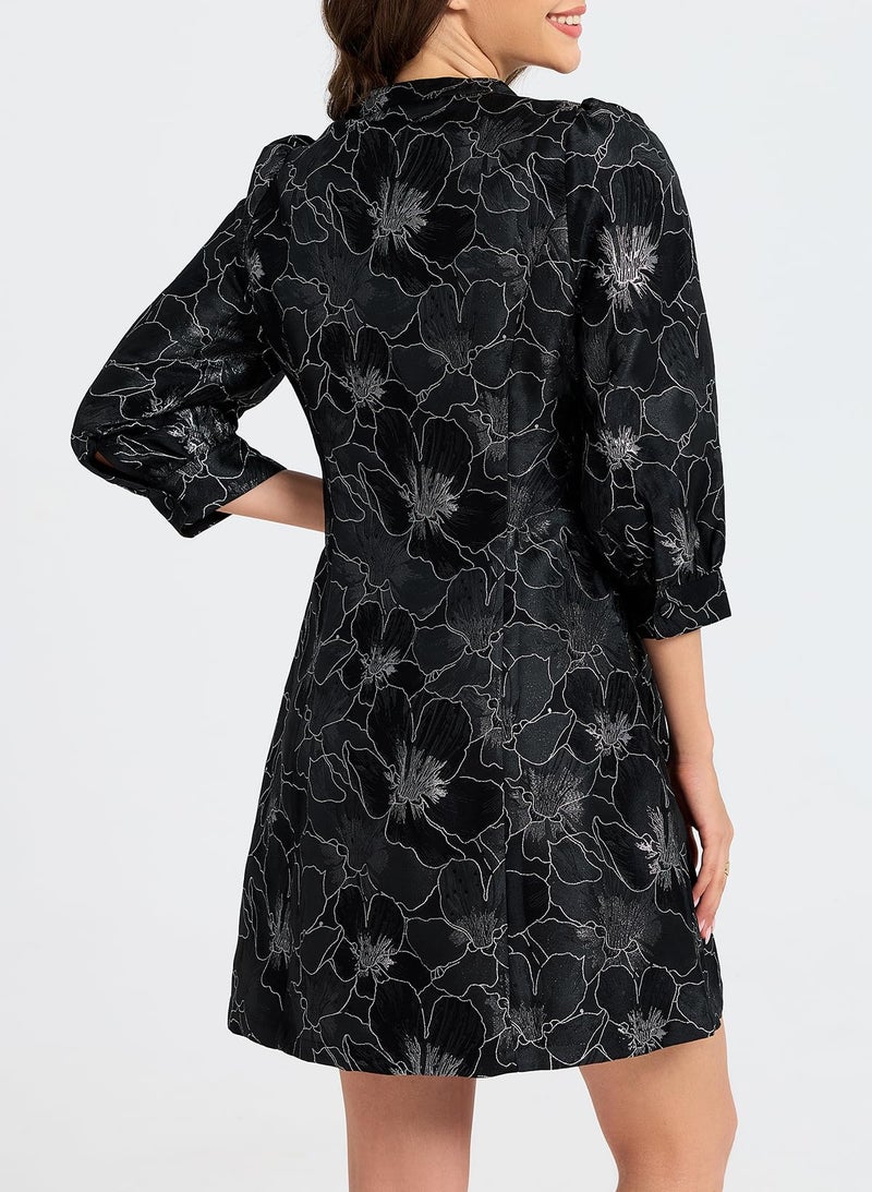 Ladyful Women's Floral Jacquard Shift Dress 2026 Long Puff Sleeve Button Up Elegant Cocktail Party Mini Dress - Image 4