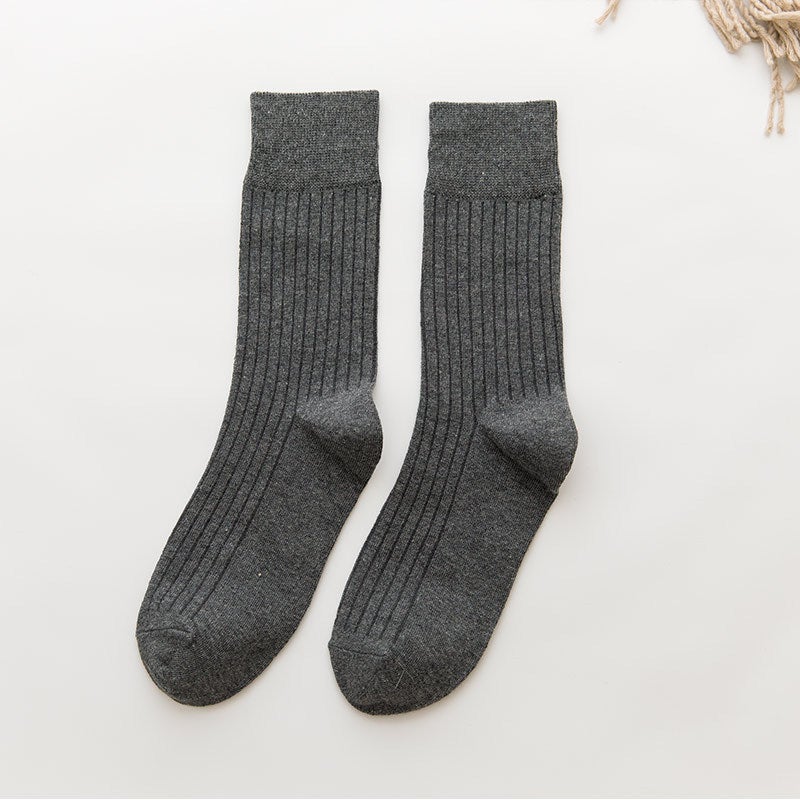Vintage Pure Color Stripe Cotton Mid-Calf Socks Dark gray 