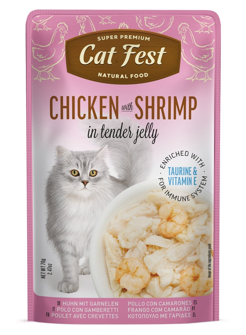 كات فيست دجاج مع روبيان في جيلي طري – طعام قطط رطب طبيعي عالي البروتين وخالٍ من الحبوب، غني بالتورين لصحة القلب والبصر والمناعة – عبوة مميزة 70 جم - Image 1