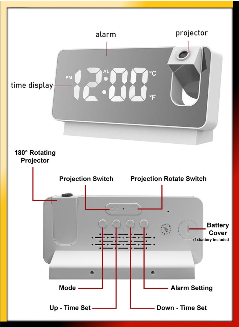 DBLEW - Modern Digital LED Tabletop And Wall Ceiling Projection Alarm Clock Large Display Screen 180 Degree Wide Protector For Home Office Living Bed Room Decor Big Clock Date Day Week Temperature USB Powered - Image 1