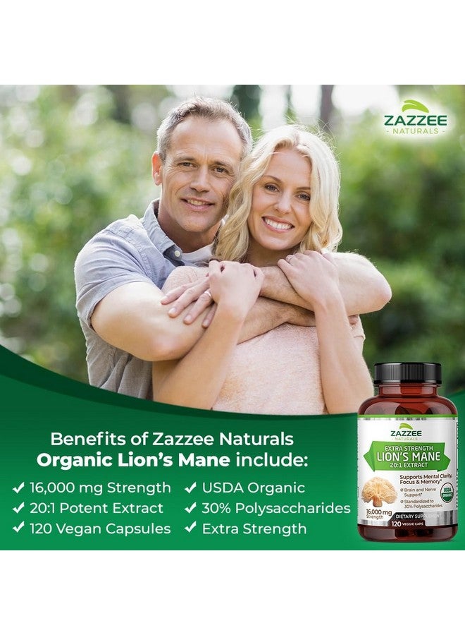 Zazzee USDA Organic Lion's Mane 20:1 Extract, 30% Polysaccharides, 16,000 mg Strength, 120 Vegan Capsules, Nootropic for Brain Health, Focus, Memory, Concentration and Immune Support, Made in The USA - Image 4